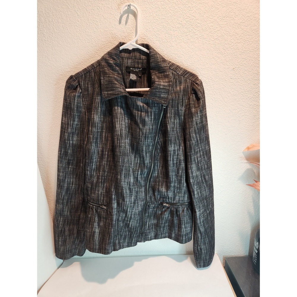 Sandro Sportswear Gray Textured Zip Jacket Size L Modern Peplum Style
